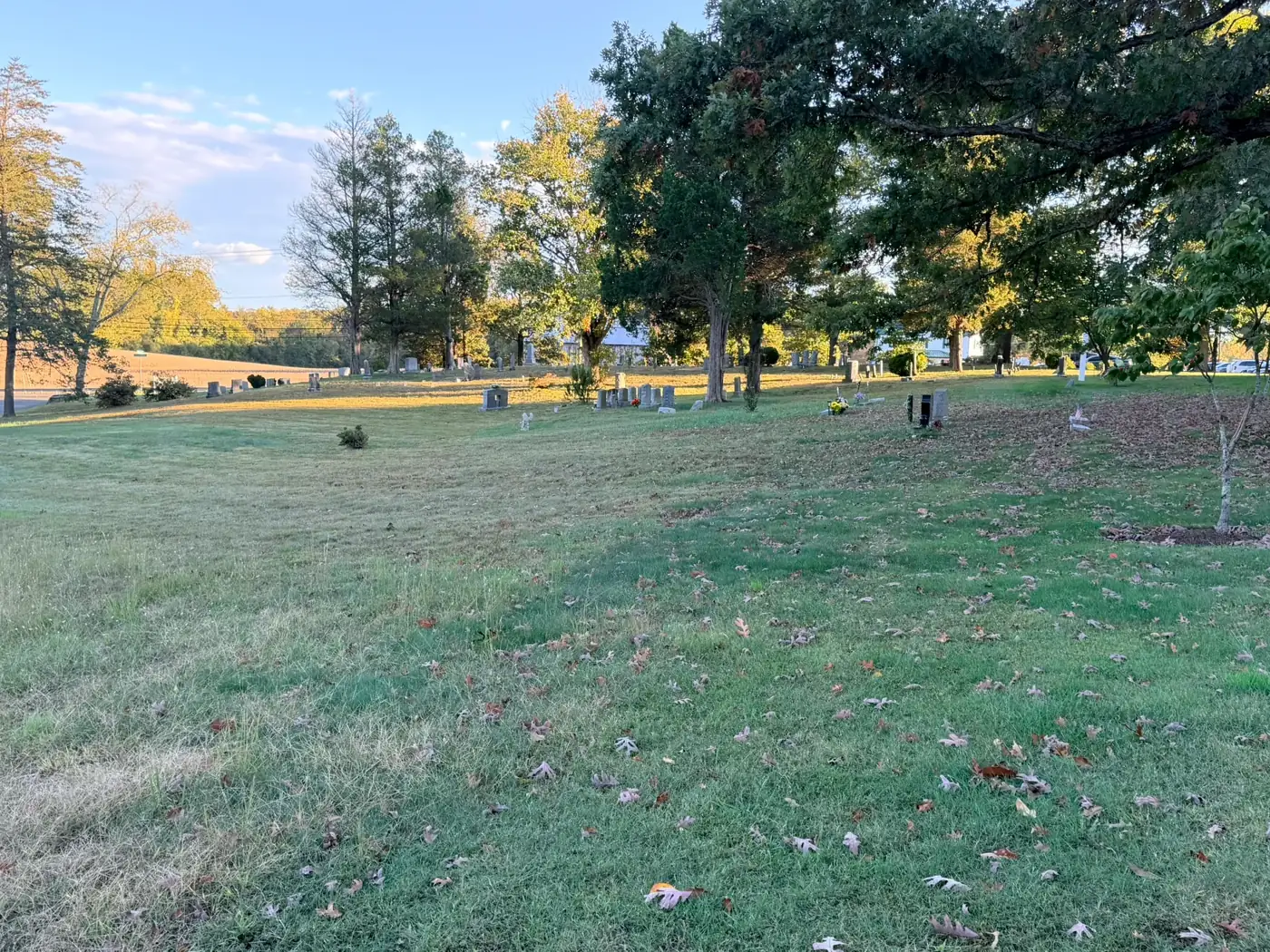 Wide view of the open lawn and tree-lined grounds of Mt. Calvary Cemetery in Lothian